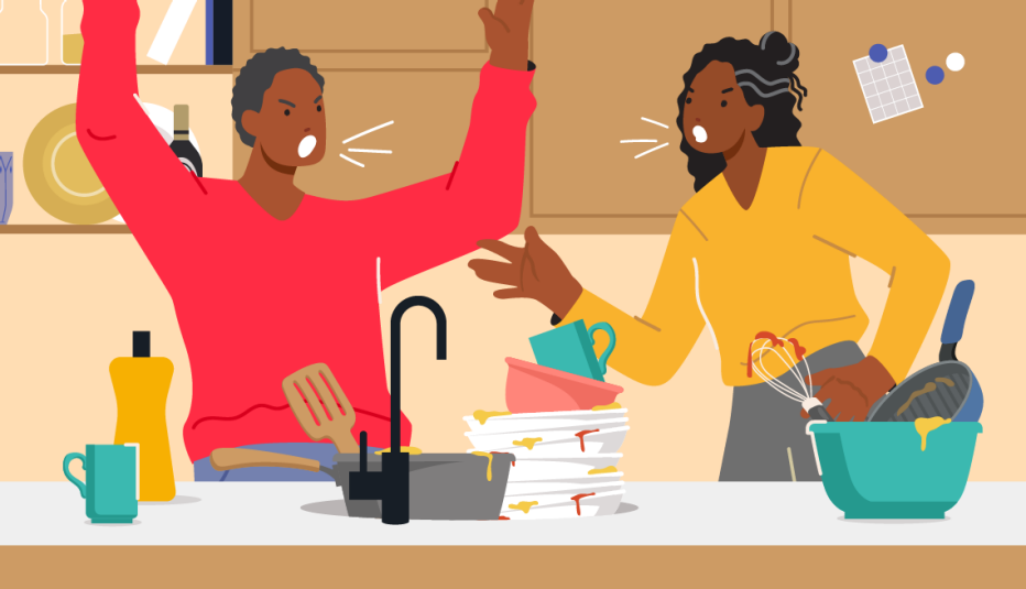 Una pareja en una cocina discutiendo sobre platos sucios