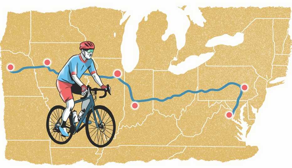 Ciclista sobre el mapa de Estados Unidos