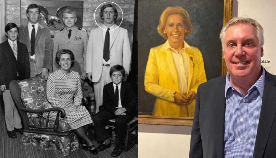 un collage muestra una foto histórica de la familia Stockdale junto a una foto reciente de Sid Stockdale con una pintura de su madre