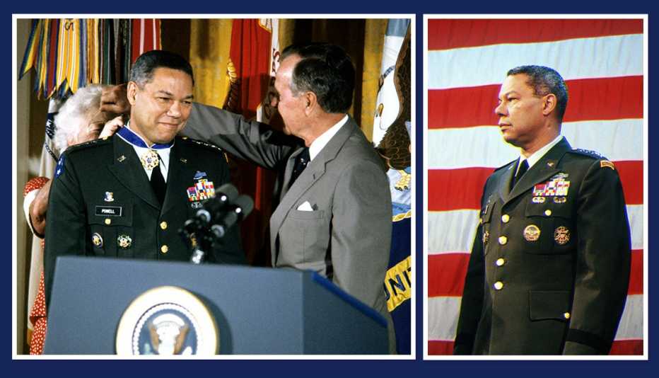 La Primera Dama de Estados Unidos, Barbara Bush (1925 - 2018), pone la Medalla Presidencial de la Libertad al Jefe del Estado Mayor Conjunto, el General del Ejército, Colin Powell.
