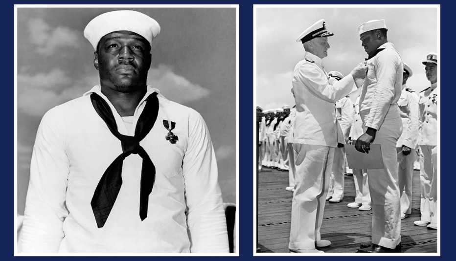 Dorie Miller con uniforme de la Marina, a la izquierda. El almirante Chester W. Nimitz, Comandante en Jefe de la Flota del Pacífico, condecora a Miller, a la derecha.