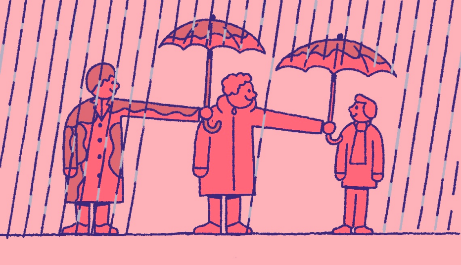 Gráfica de tres personas compartiendo paraguas bajo la lluvia.