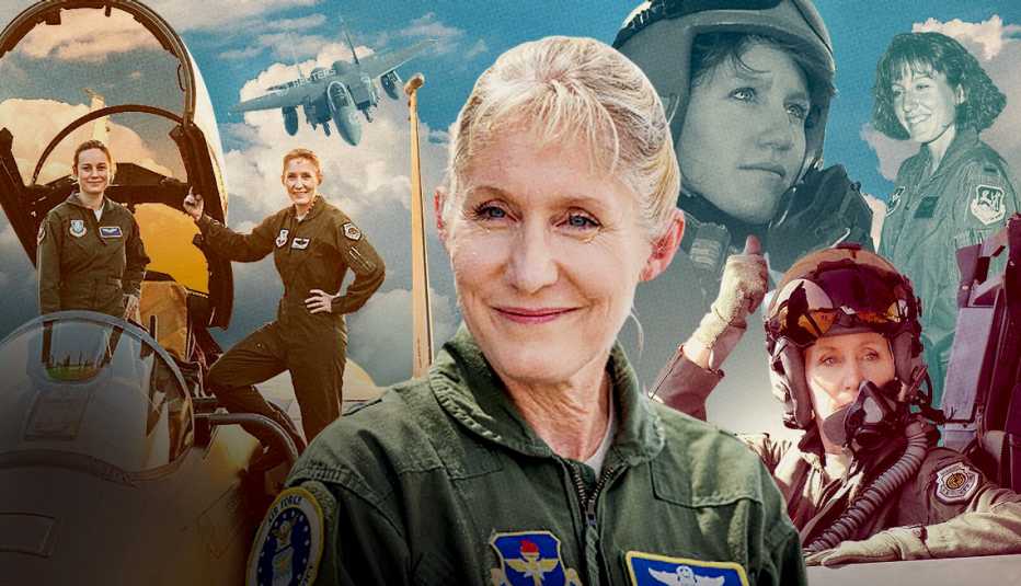 Un collage de fotos muestra seis imágenes de Jeannie Leavitt en uniforme a lo largo de su carrera como piloto de combate de la Fuerza Aérea