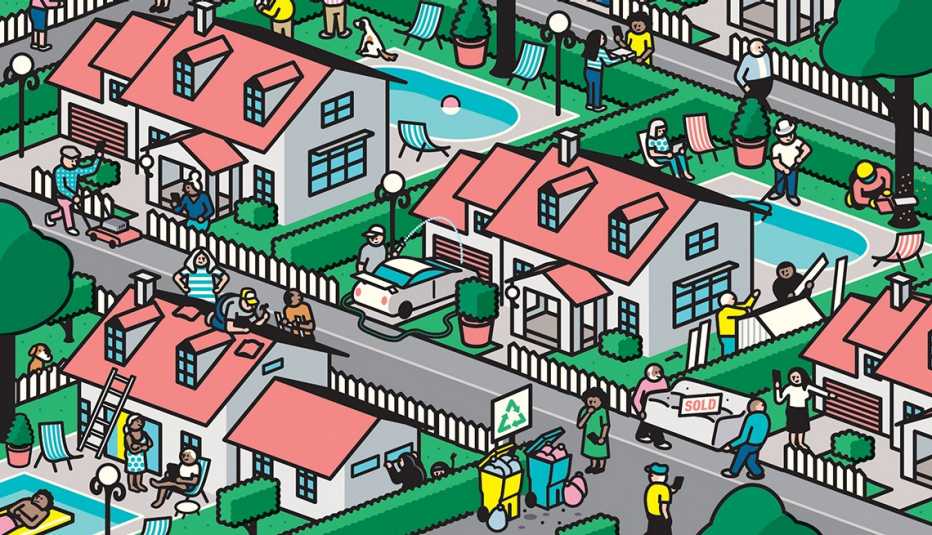 Ilustración de un vecindario con personas haciendo actividades cotidianas.