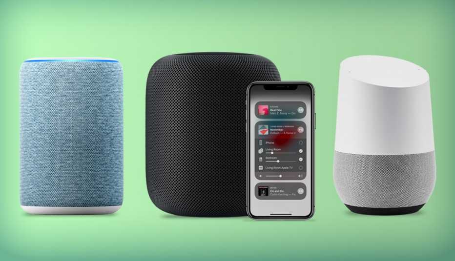 Tres tipos de altavoces inteligentes, Amazon Echo, Apple Home Pod y Google Home