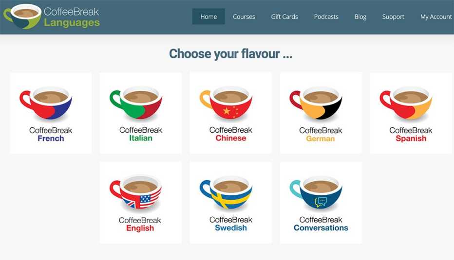 Página de inicio del sitio web de CoffeeBreak Languages
