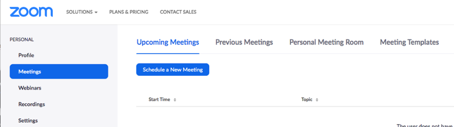 Captura de pantalla del sitio web de Zoom que muestra el botón para programar una nueva reunión