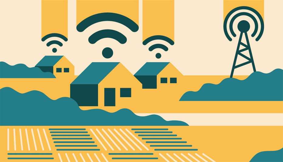 iliustración de casas rurales cerca de granjas y una torre celular que muestra conectividad a internet
