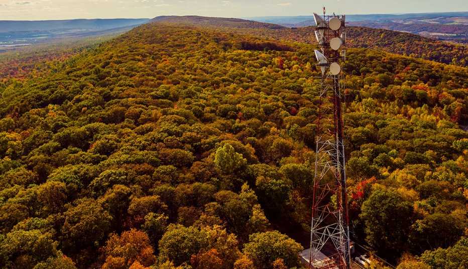Una torre celular sobre los árboles en las montañas Poconos en Pensilvania.