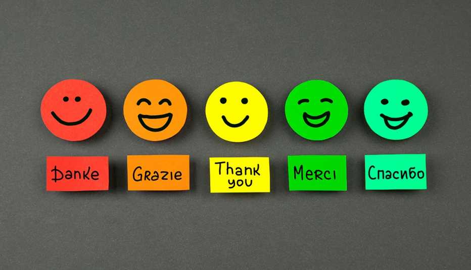 Íconos de caritas sonrientes acompañados de la frase 'gracias' en varios idiomas