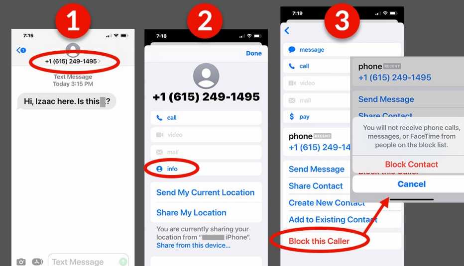 Capturas de pantalla muestran cómo bloquear a una persona que llama o envía un mensaje de texto