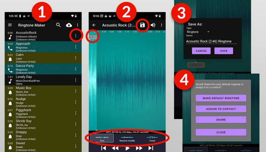 Capturas de pantalla muestran cómo personalizar tonos de llamada en un teléfono Android