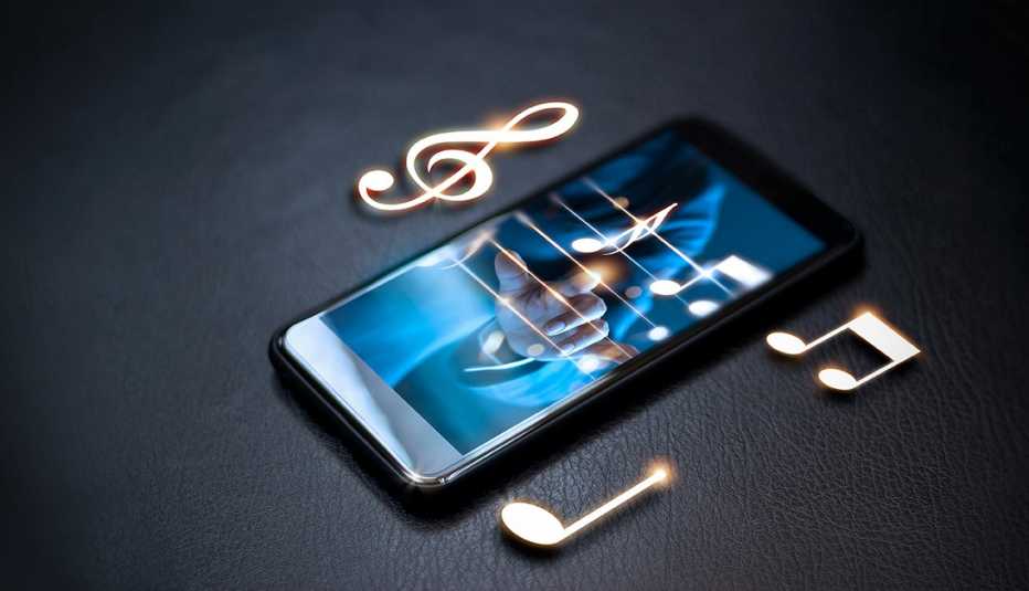 Imagen de un teléfono inteligente que muestra el reflejo de un dedo y varias notas musicales