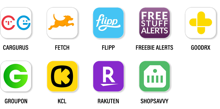 aplicaciones gratuitas de compras; de izquierda a derecha, arriba: Cargurus, Fetch, Flipp, Freebie Alerts y Goodrx; abajo: Groupon, KCL, Rakuten y Shopsavvy