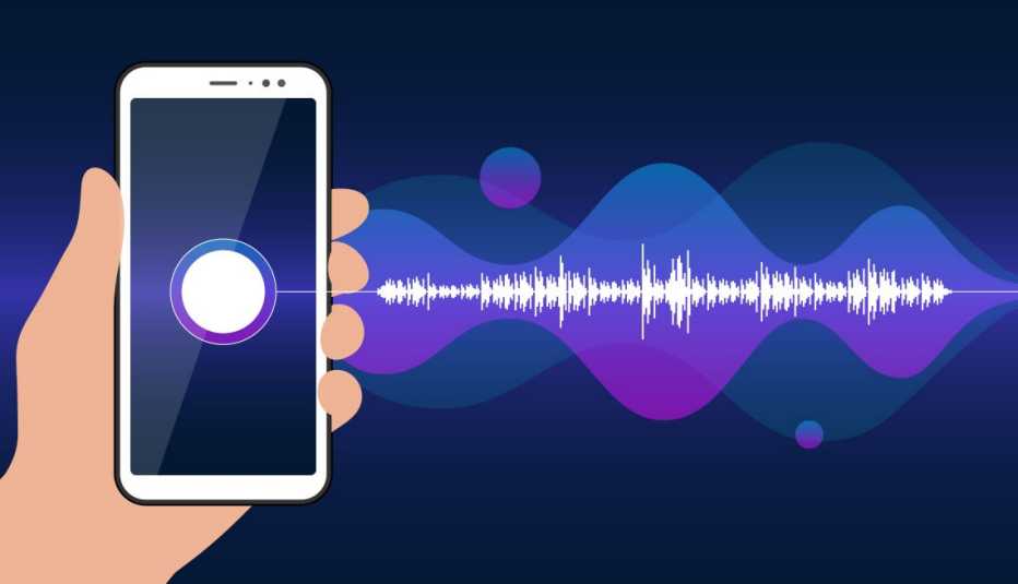 ilustración de un teléfono inteligente sobre un campo violeta emitiendo ondas de sonido con un micrófono en la pantalla