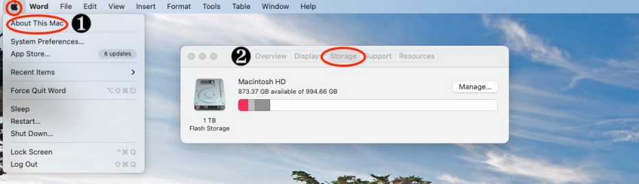 Captura de pantalla que muestra cómo acceder al almacenamiento en Mac
