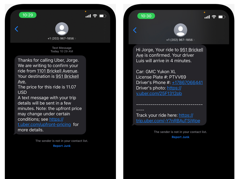 Dos pantallas de teléfono que muestran la confirmación del viaje de uber