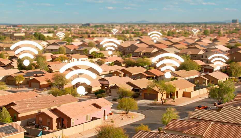 un vecindario con señales wifi sobre las casas