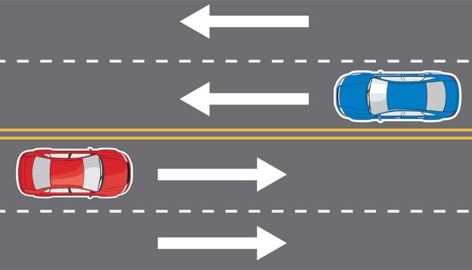 Dos autos transitan por una vía de 4 carriles, 2 en cada sentido