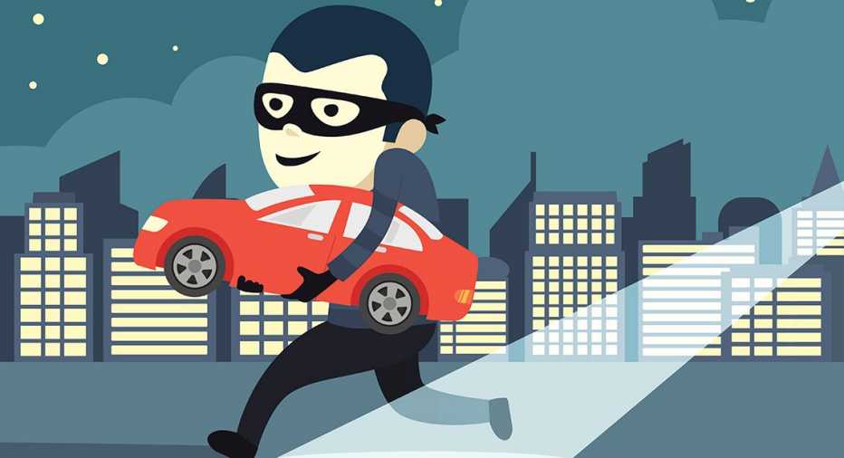 Ilustración de un hombre enmascarado que lleva un un auto robado