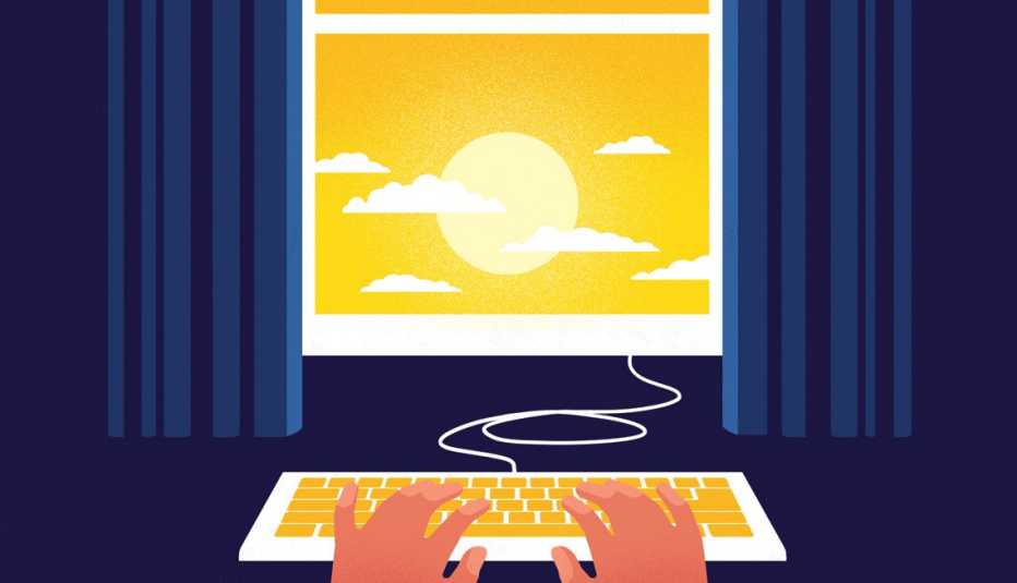 Ilustración de unas manos digitando en un teclado conectado a una ventana con un día soleado