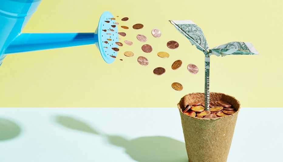 Ilustración de una planta que esta siendo regada con monedas