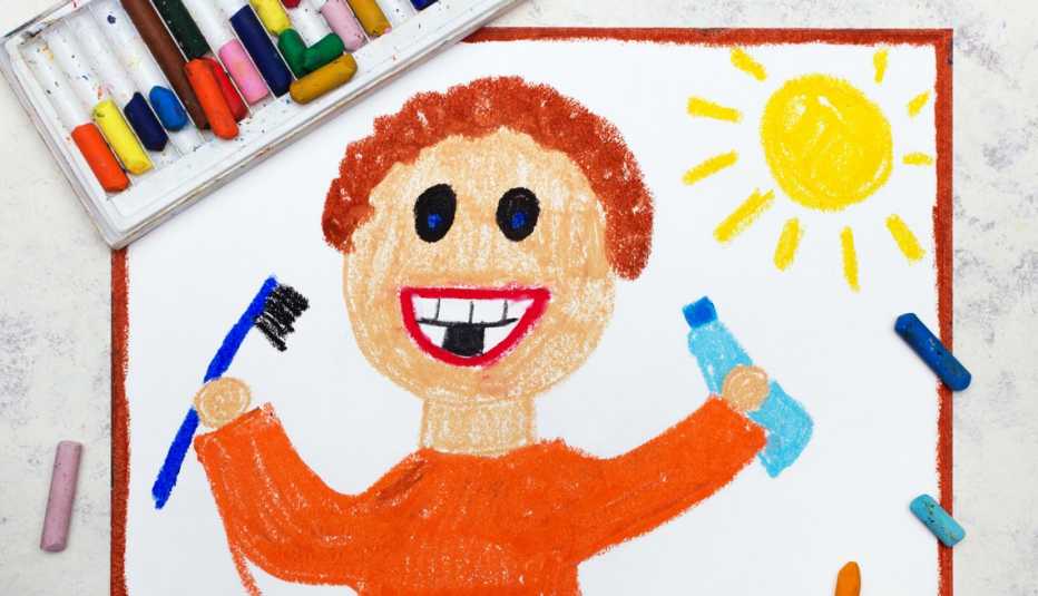 Dibujo de un niño con un cepillo de dientes y una crema dental en sus manos