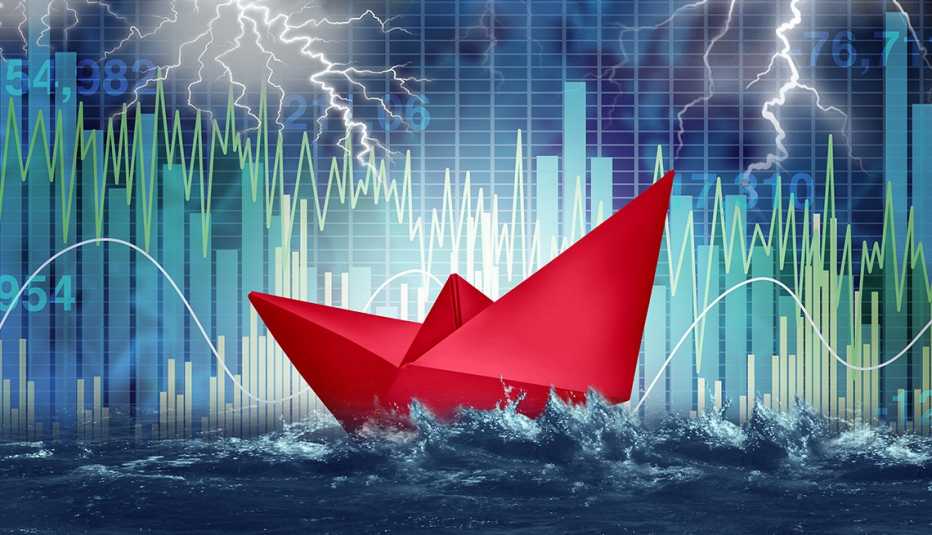 Ilustración de un barco de papel rojo navegando en una gráfica estadística en medio de una tormenta