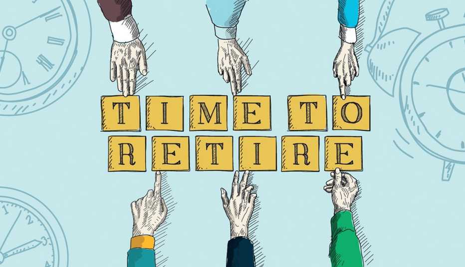 Ilustración de manos que van colocando papeles con letras en línea y juntas dicen tiempo para jubilarte