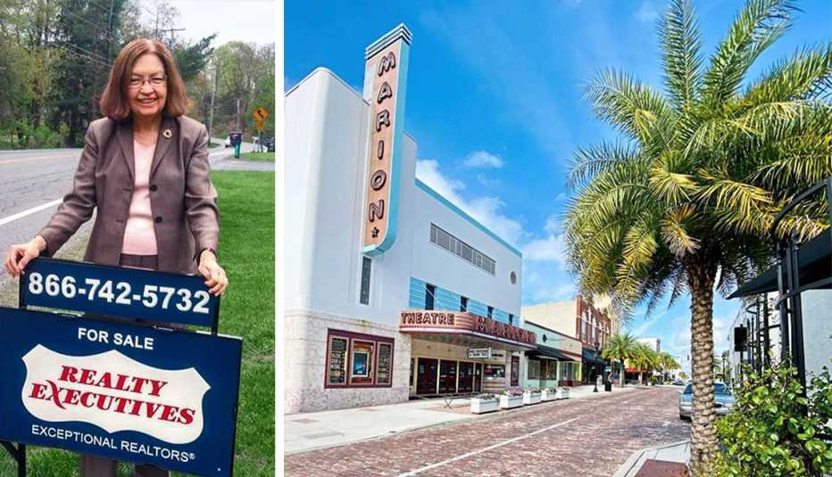 A la derecha Barbara O'Neill en Nueva Jersey, detrás de un letrero de se vende, y a la derecha una foto de Ocala, Florida