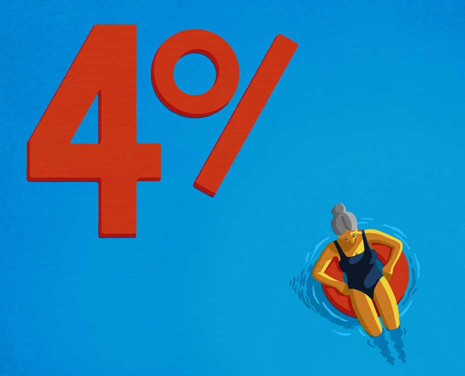 Una mujer sentada en un flotador en el mar y al fondo un símbolo del cuatro por ciento.