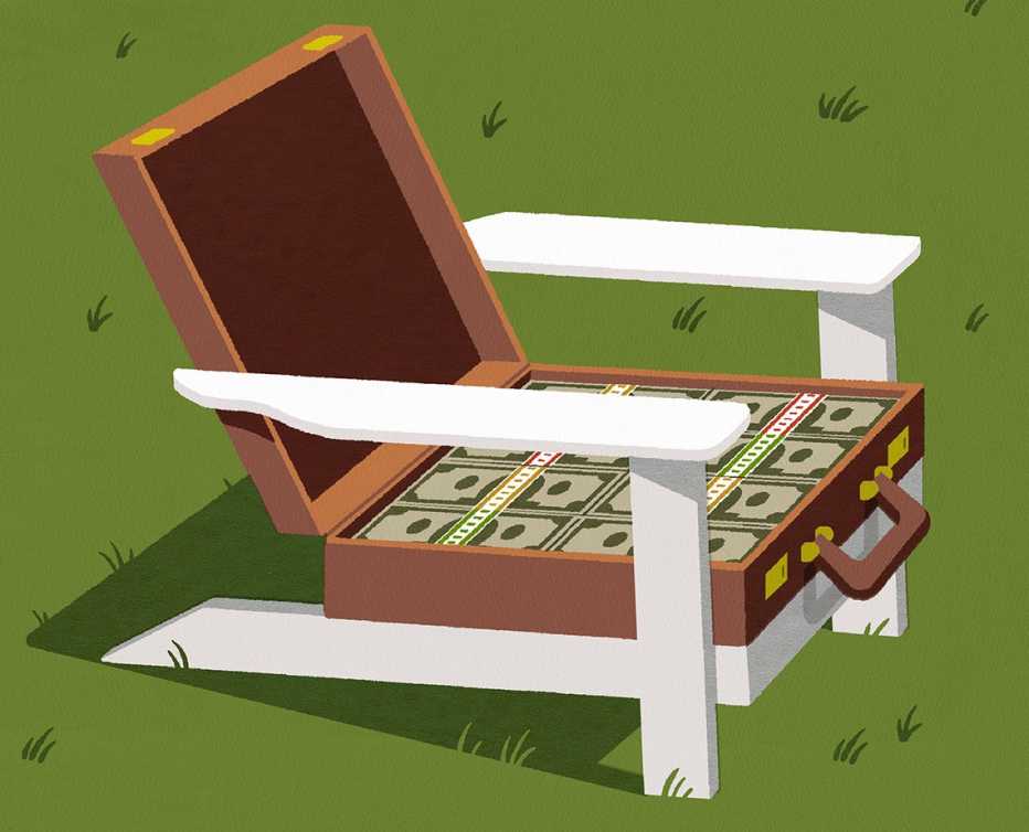 Una silla estilo Adirondack hecha con un maletín lleno de dinero.