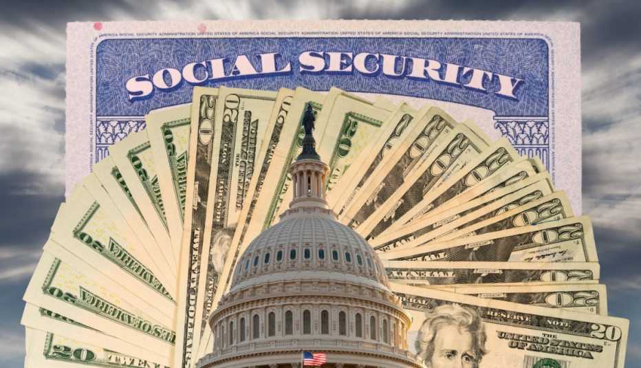 Tarjeta del Seguro Social detrás de un abanico de billetes de $20 y el Capitolio en Washington, D.C.