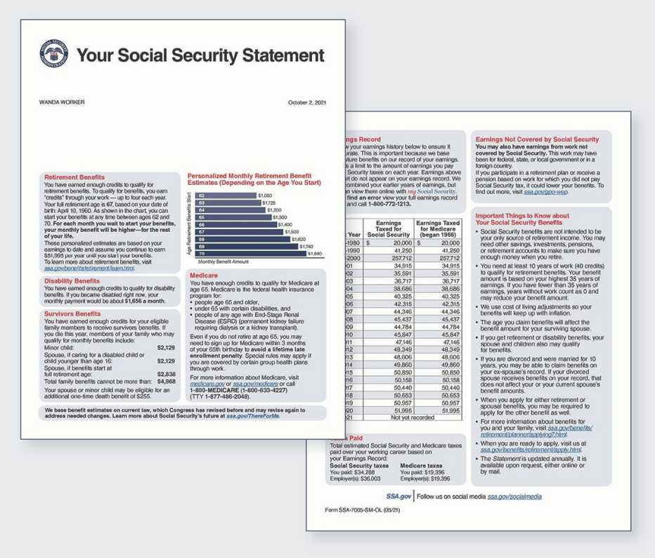 Ejemplos de dos páginas con el nuevo diseño del resumen de cuenta del Seguro Social