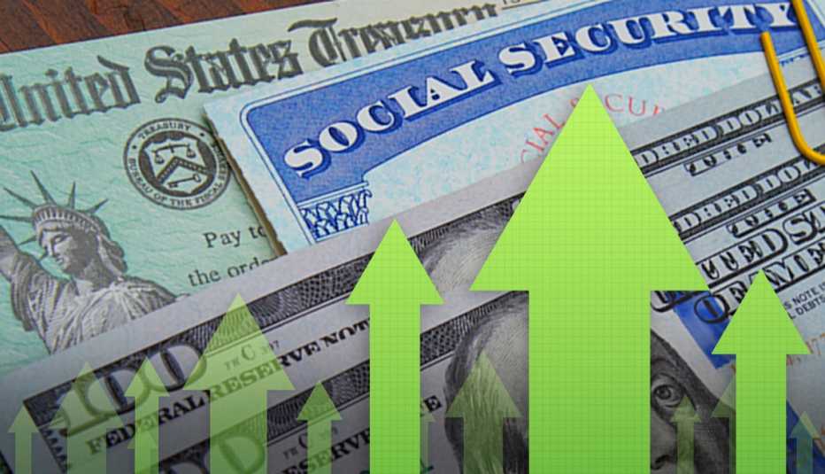 Flechas verdes que apuntan hacia arriba sobre dólares, tarjeta del Seguro Social y un cheque