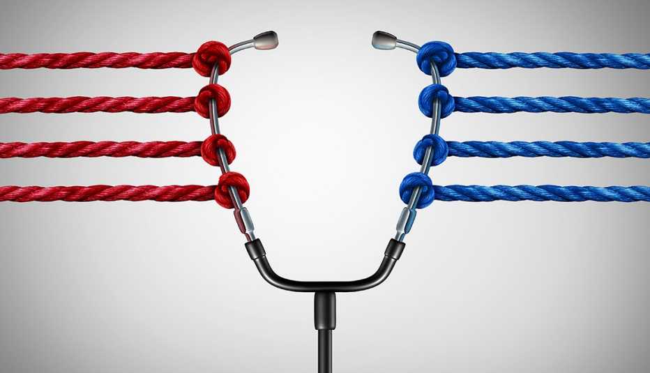 Estetoscopio atado con sogas rojas y azules - Votación de la nueva ley de salud