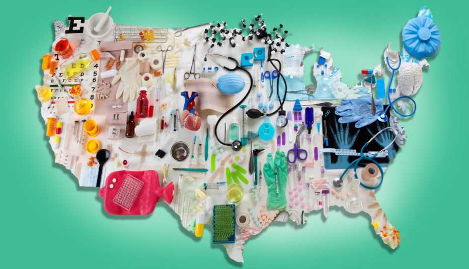 Mapa de Estados Unidos cubiertos de instrumentos médicos