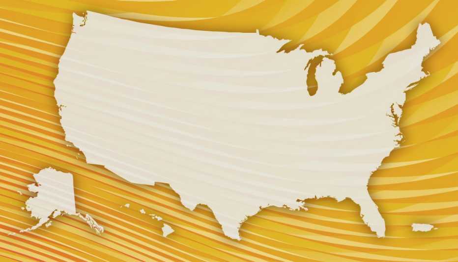 Mapa de Estados Unidos sobre un fondo dorado 