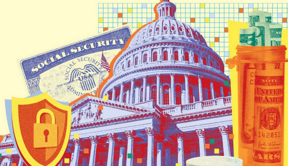 collage del edificio del capitolio de EE.UU. con una tarjeta del seguro social, medicamentos recetados, un escudo de seguridad y billetes