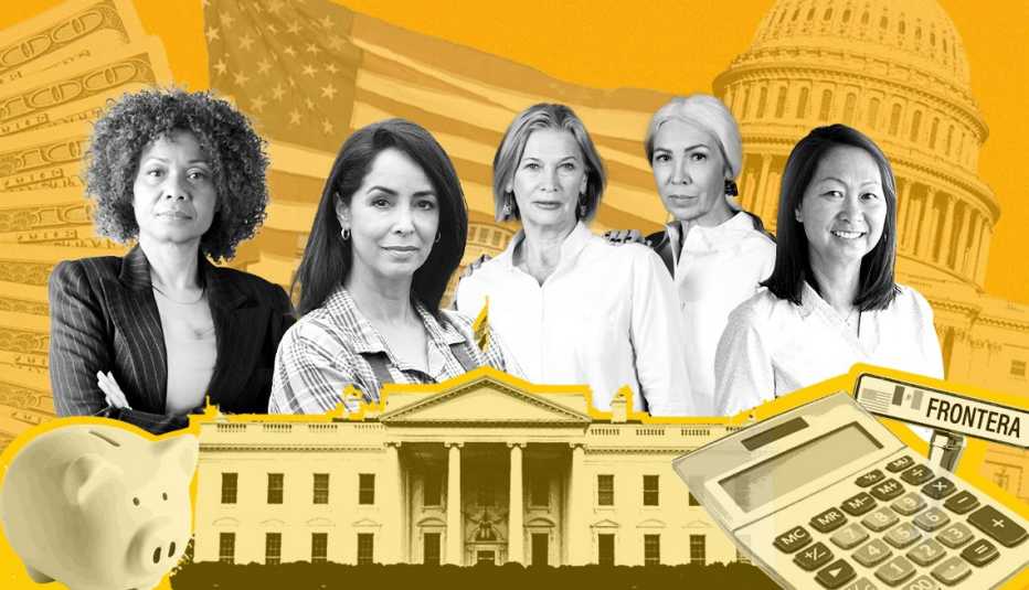 un grupo diverso de mujeres mayores de cincuenta años, rodeadas de preocupaciones politicas como la casa blanca, el capitolio, el dinero, los ahorros para la jubilación, la frontera y la democracia.