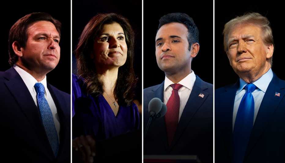 Los aspirantes presidenciales del Partido Republicano. Alfabéticamente de izquierda a derecha: Ron DeSantis, Nikki Haley, Vivek Ramaswamy y Donald Trump.