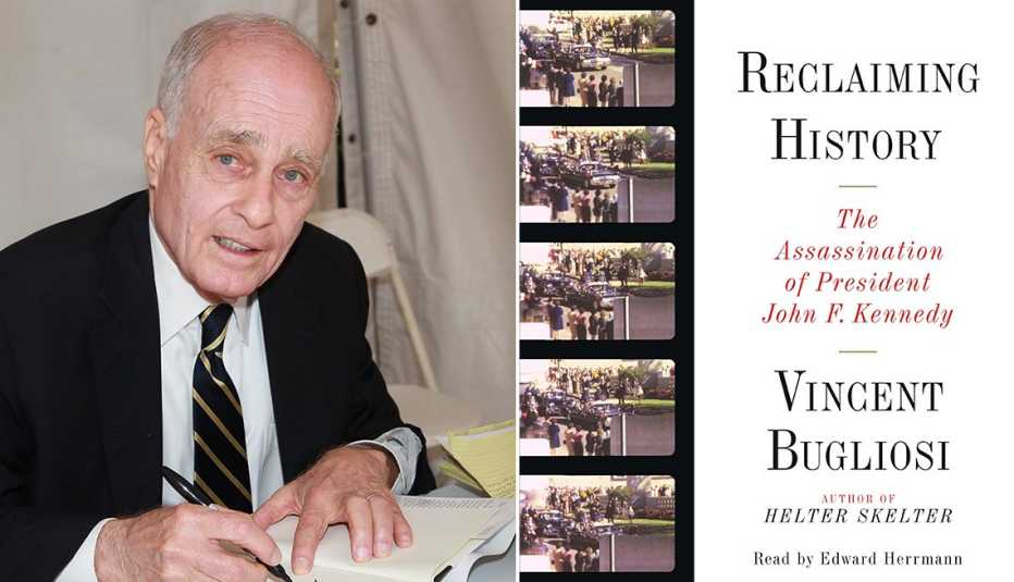 El escritor Vincent Bugliosi en el 2011, y la portadad de su libro del presidente John F. Kennedy.
