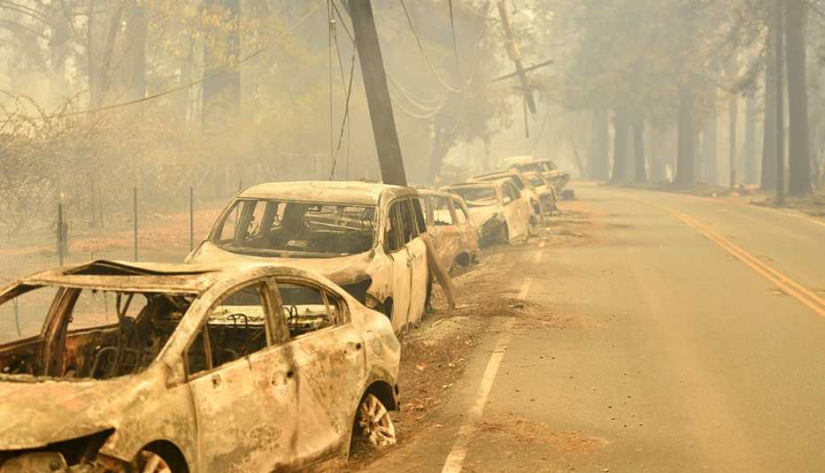 Una fila de autos alineados en la carretera después de un incendio forestal