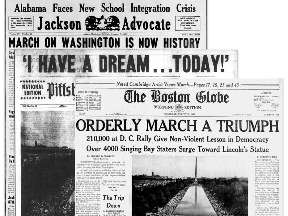 Portadas de los periódicos Jackson Advocate, Pittsburgh Courier y The Boston Globe del martes 29 de agosto de 1963, con noticias de la Marcha sobre Washington.