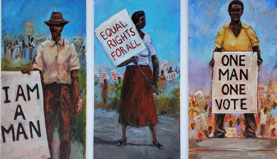 Tres pinturas de personas sosteniendo carteles de protesta por los derechos civiles