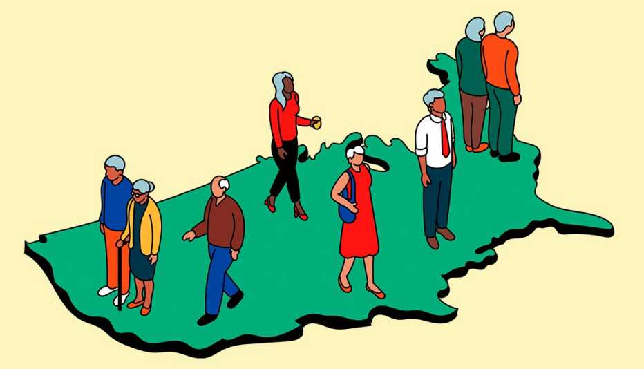 ilustración de personas caminando sobre un mapa verde de Estados Unidos