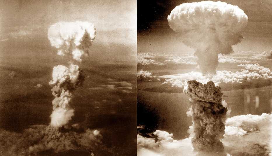 Hongos nucleares sobre Hiroshima (izquierda) y Nagasaki, Japón, en 1945