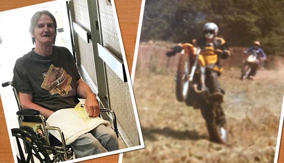 John Boyle en una silla de ruedas y una segunda imagen de John en su bicicleta de motocross
