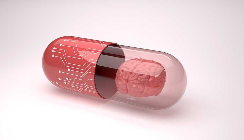 Ilustración de una pastilla con un cerebro adentro