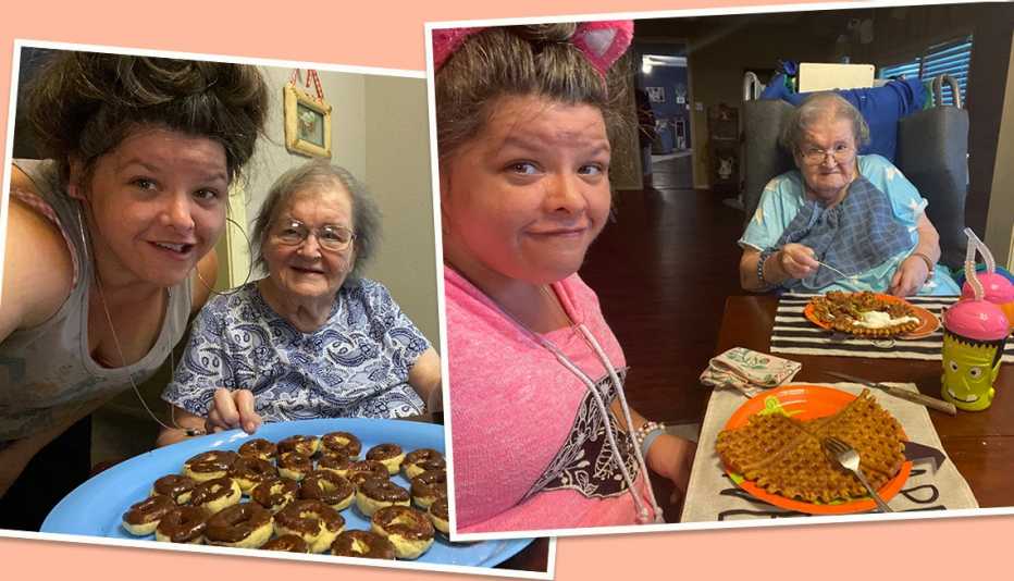 Dos fotos de Rachel Hiles y su abuela comiendo